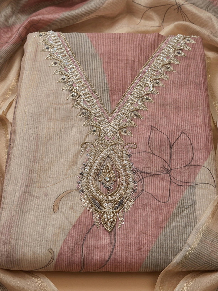 Onion Pink Embroidered Chanderi Unstitched Suit With Pant &amp; Dupatta