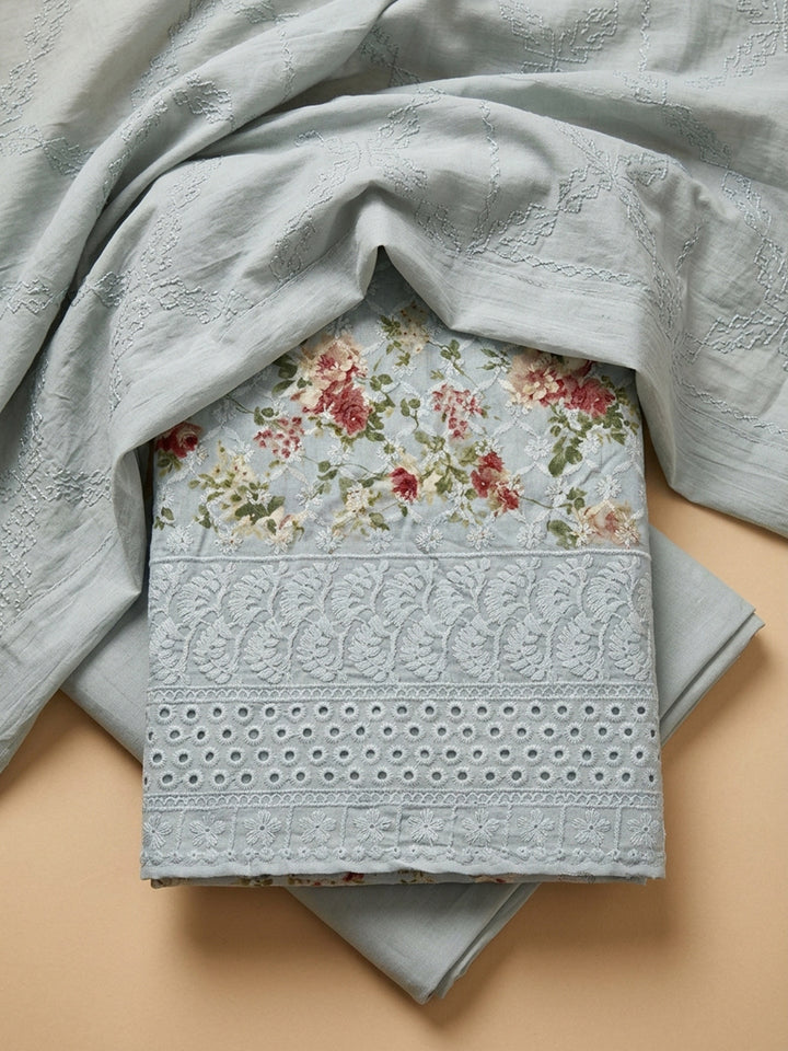 Grey Printed Cotton Blend Unstitched Dress Material