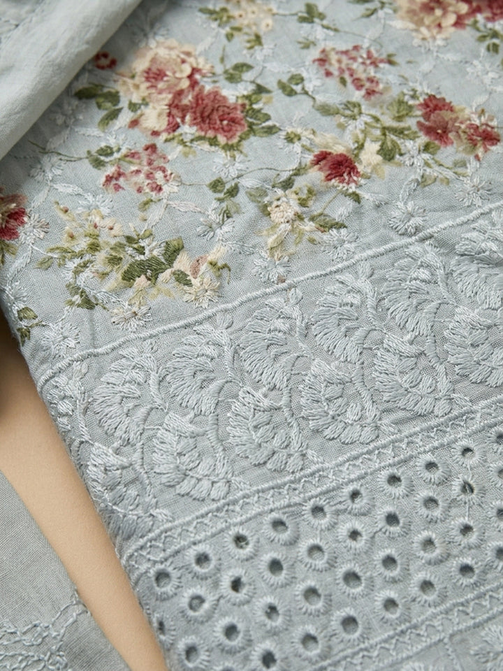 Grey Printed Cotton Blend Unstitched Dress Material