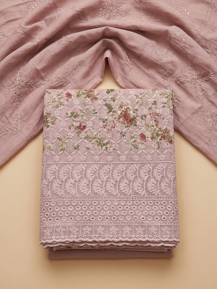 Peach Printed Cotton Blend Unstitched Dress Material