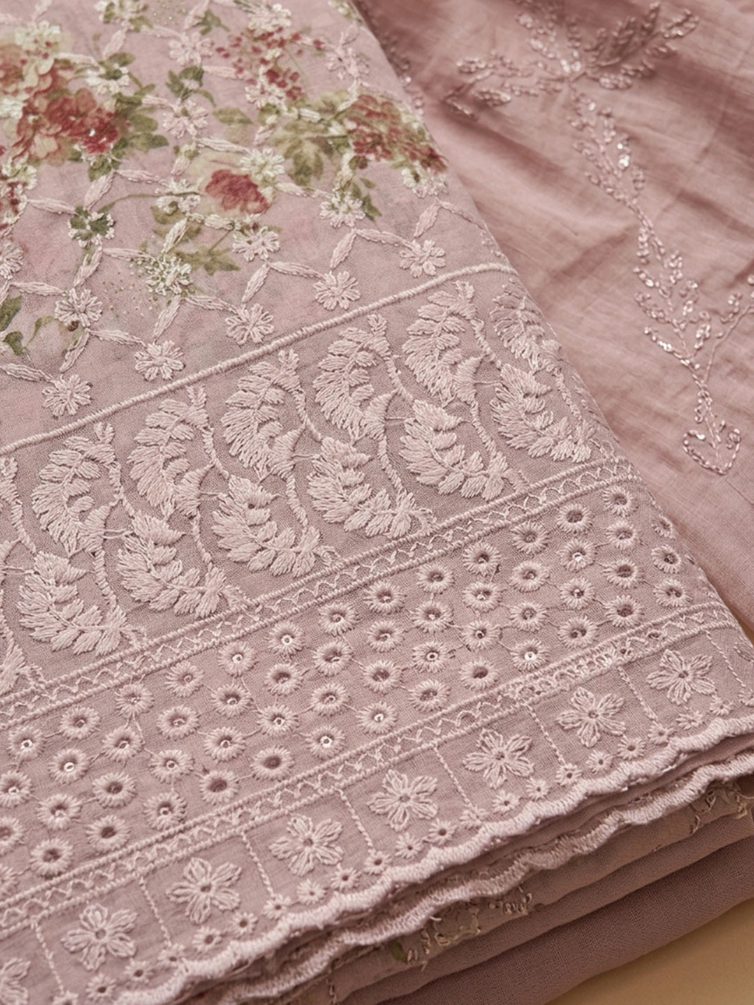 Peach Printed Cotton Blend Unstitched Dress Material