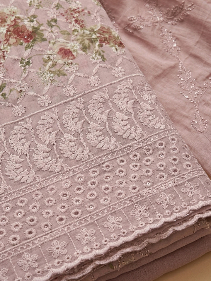 Peach Printed Cotton Blend Unstitched Dress Material