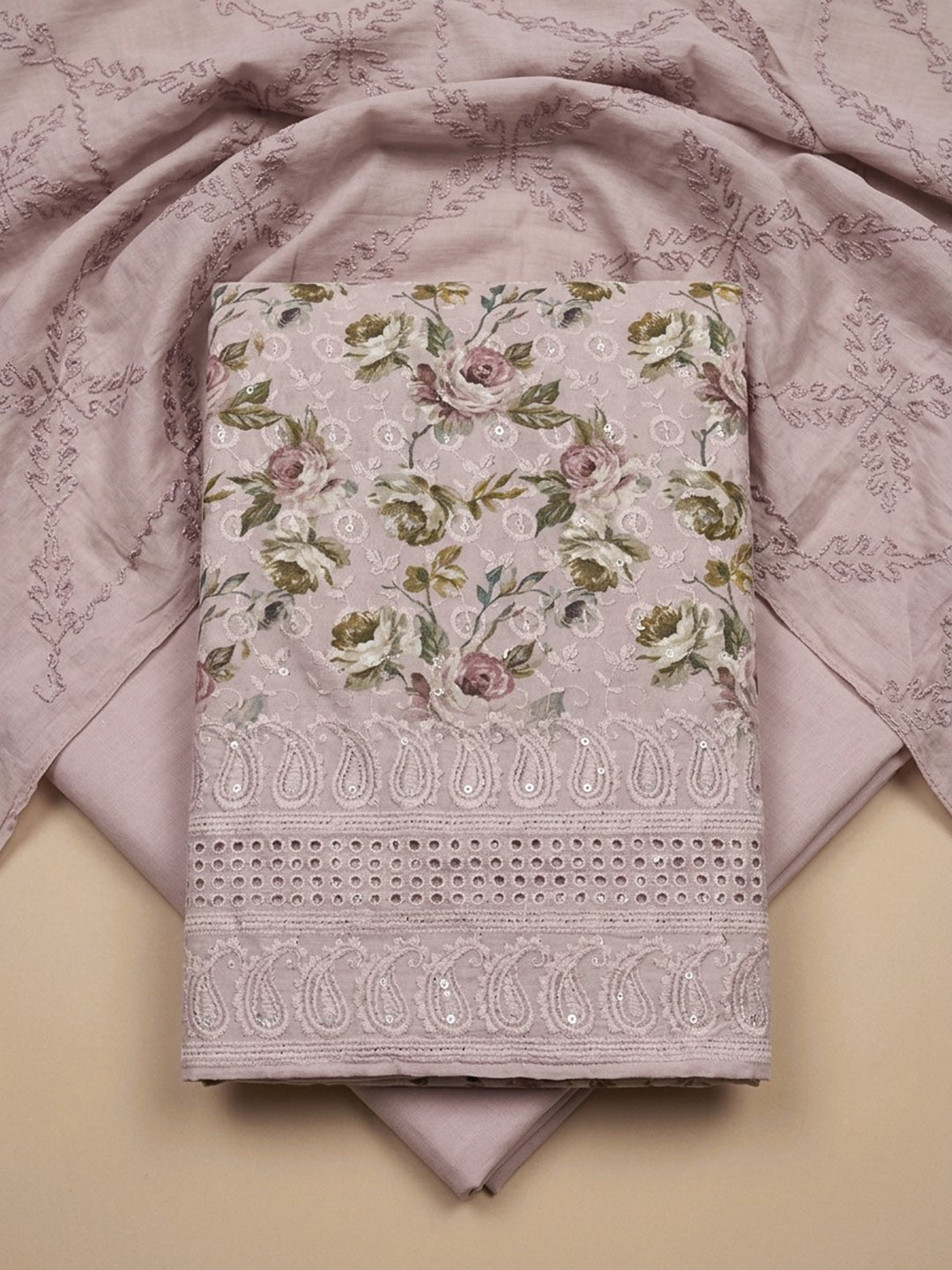 Pink Printed Cotton Blend Unstitched Dress Material