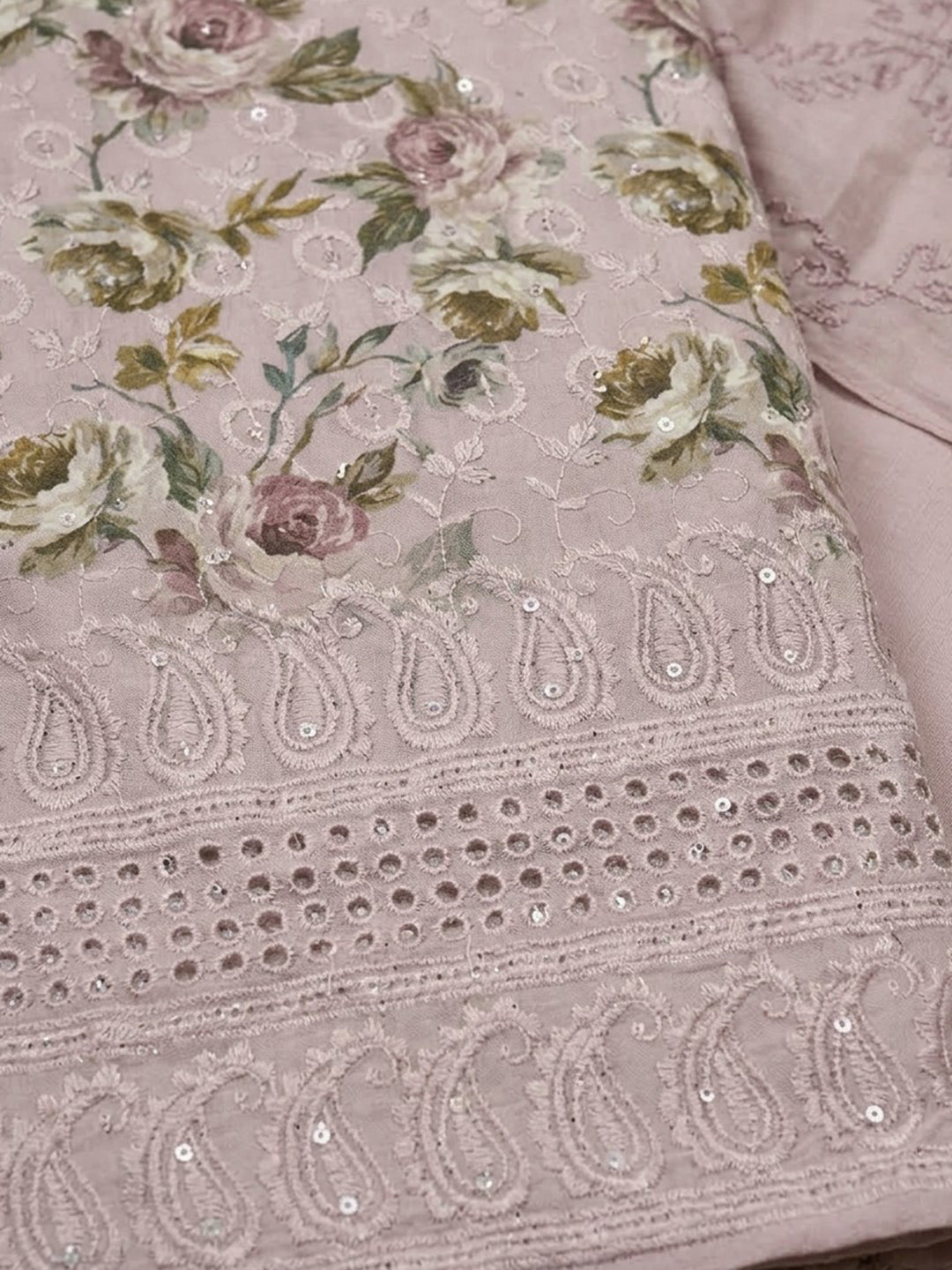 Pink Printed Cotton Blend Unstitched Dress Material