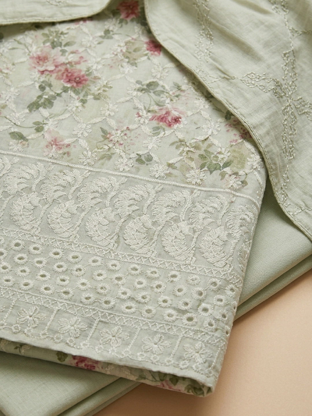 Pista Green Printed Cotton Blend Unstitched Dress Material