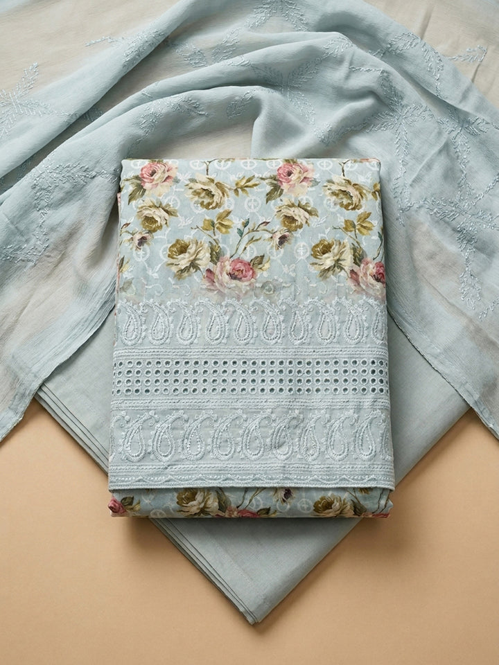 Grey Printed Cotton Blend Unstitched Dress Material