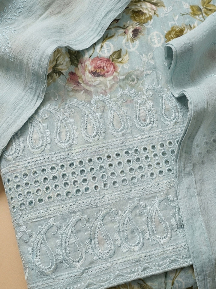 Grey Printed Cotton Blend Unstitched Dress Material