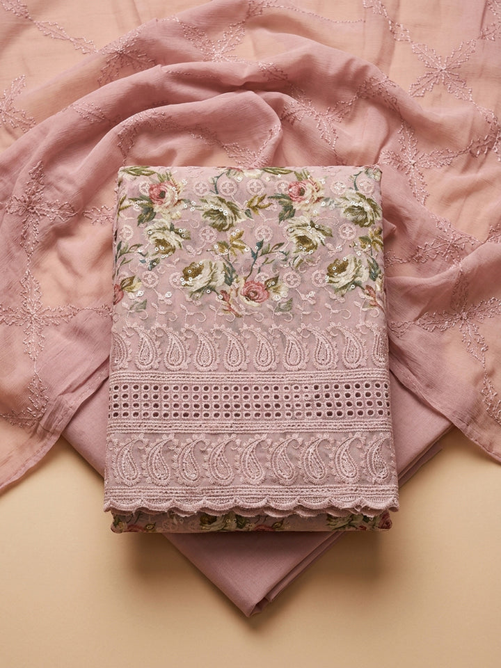 Peach Printed Cotton Blend Unstitched Dress Material