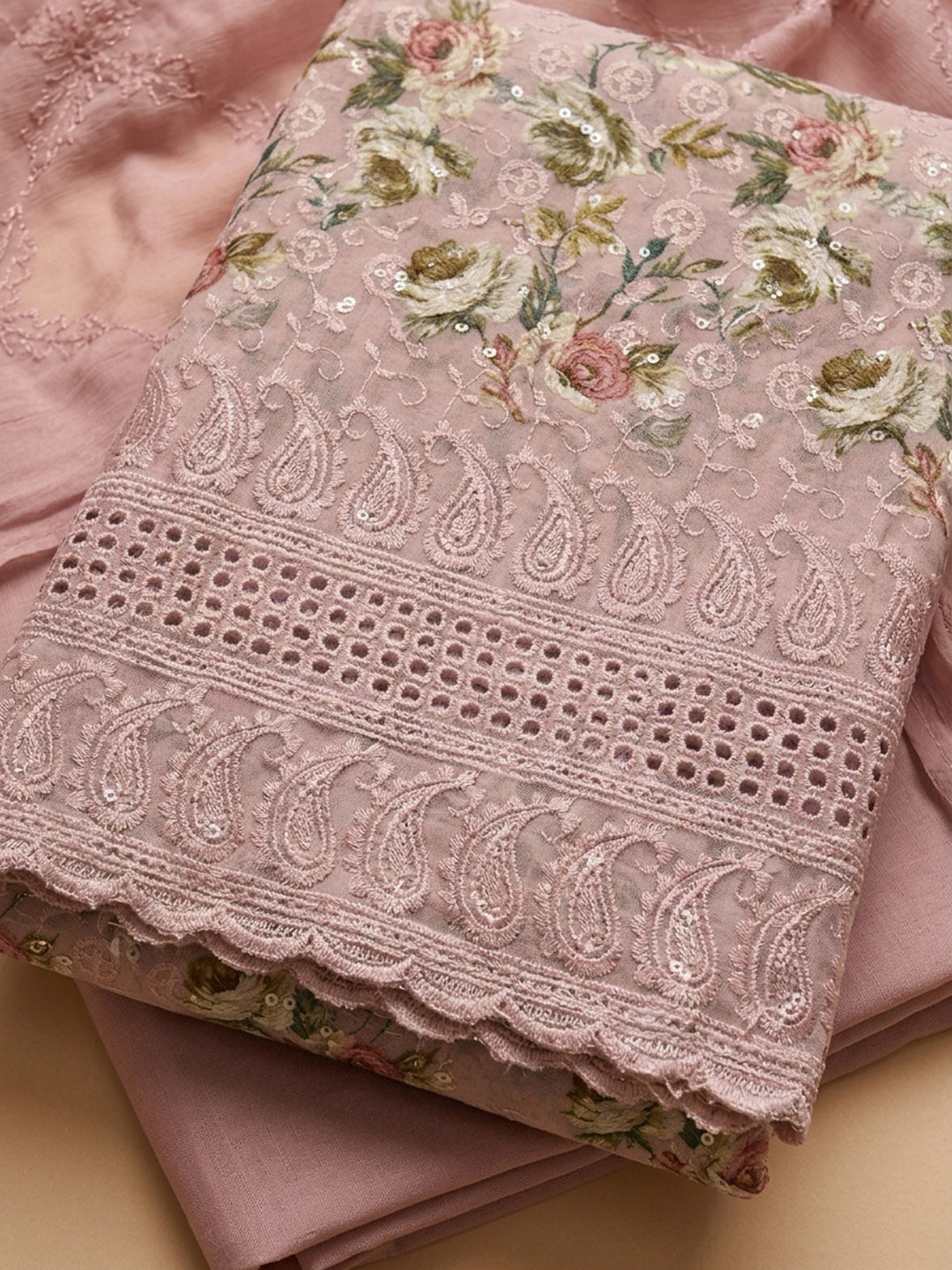 Peach Printed Cotton Blend Unstitched Dress Material