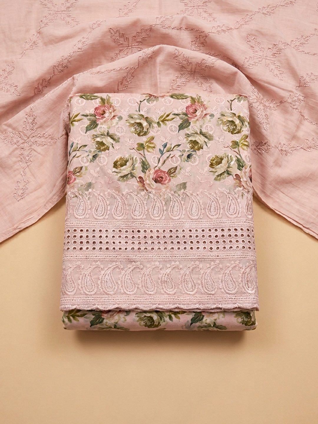 Pink Printed Cotton Blend Unstitched Dress Material