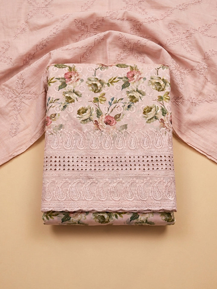 Pink Printed Cotton Blend Unstitched Dress Material