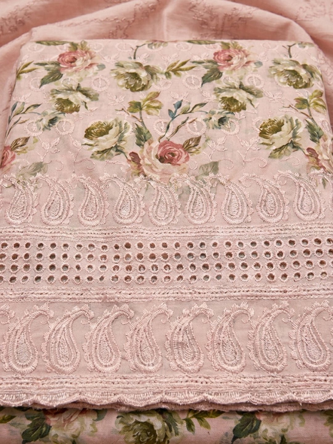 Pink Printed Cotton Blend Unstitched Dress Material