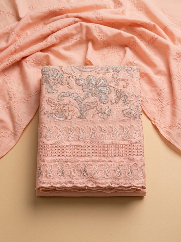 Peach Printed Cotton Blend Unstitched Dress Material