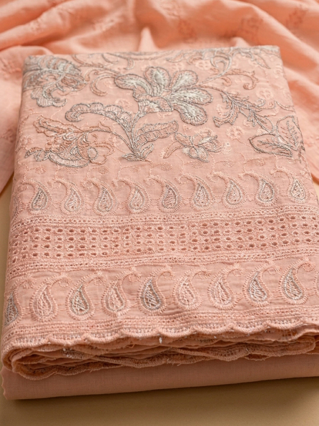 Peach Printed Cotton Blend Unstitched Dress Material