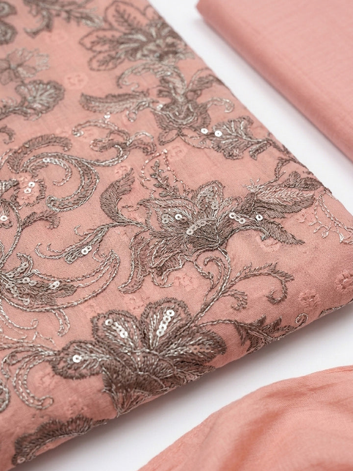 Peach Printed Cotton Blend Unstitched Dress Material
