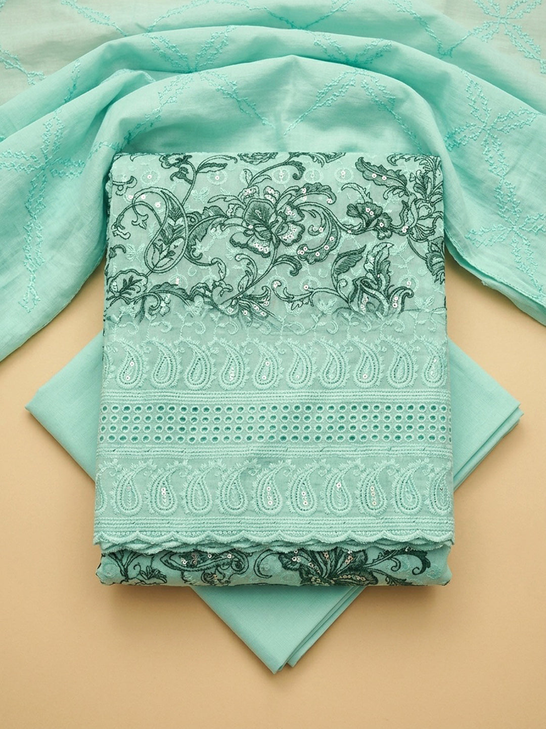 Sea Green Printed Cotton Blend Unstitched Dress Material