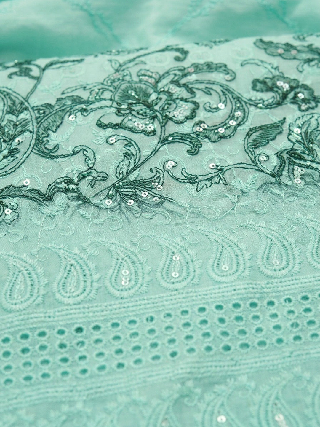 Sea Green Printed Cotton Blend Unstitched Dress Material