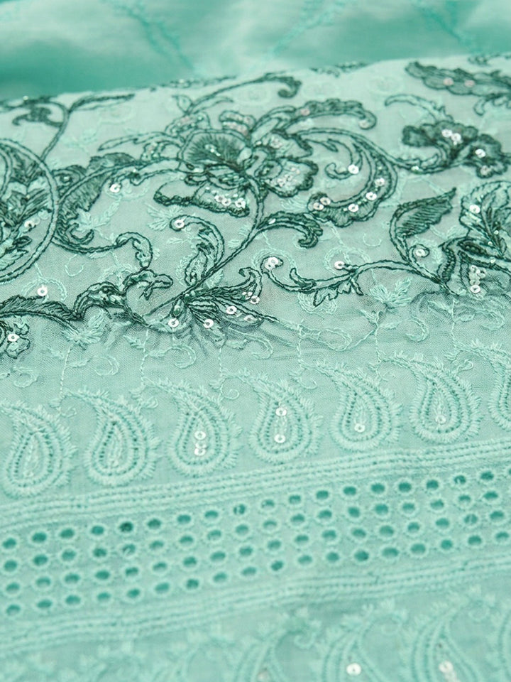 Sea Green Printed Cotton Blend Unstitched Dress Material