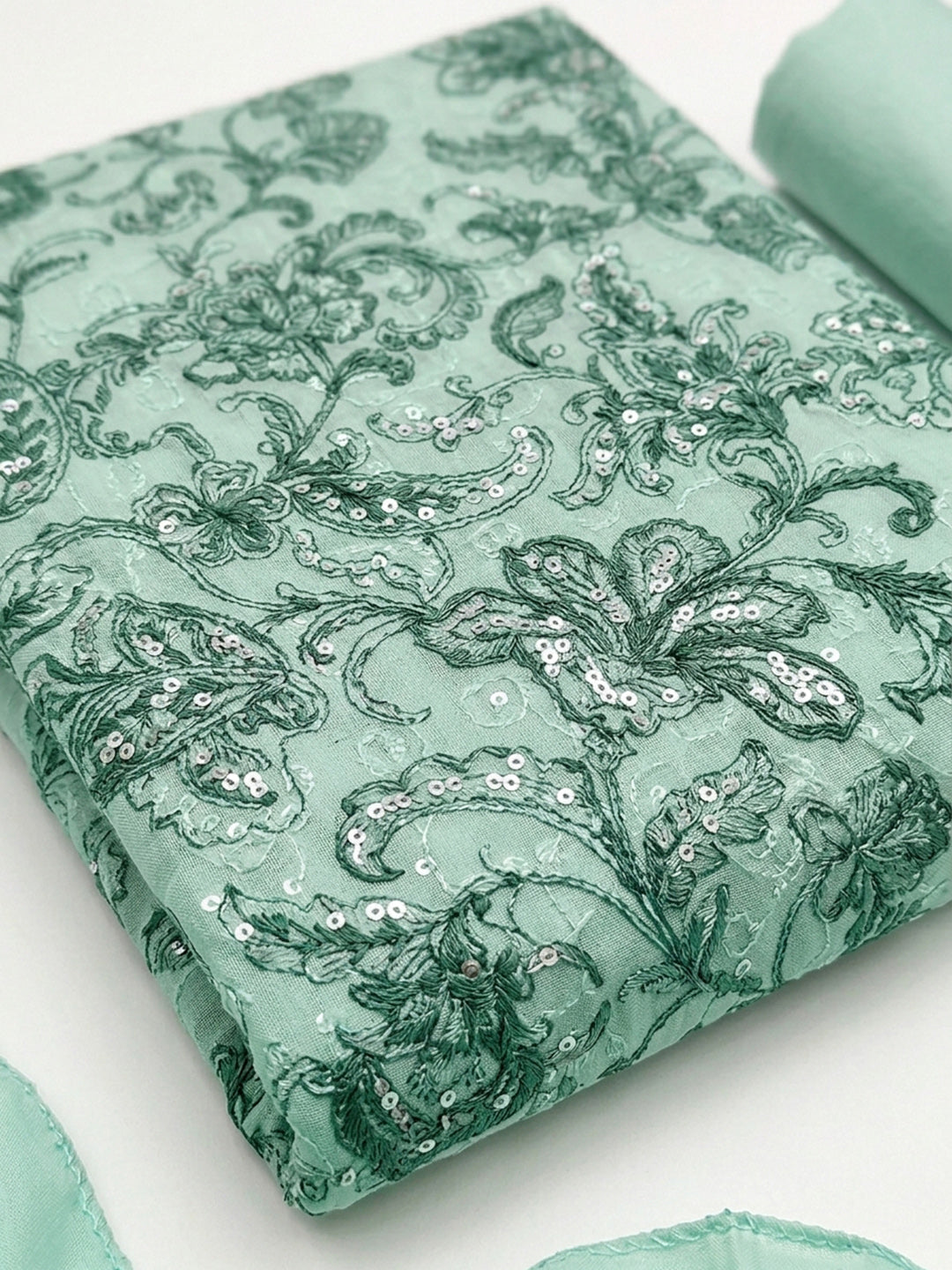 Sea Green Printed Cotton Blend Unstitched Dress Material