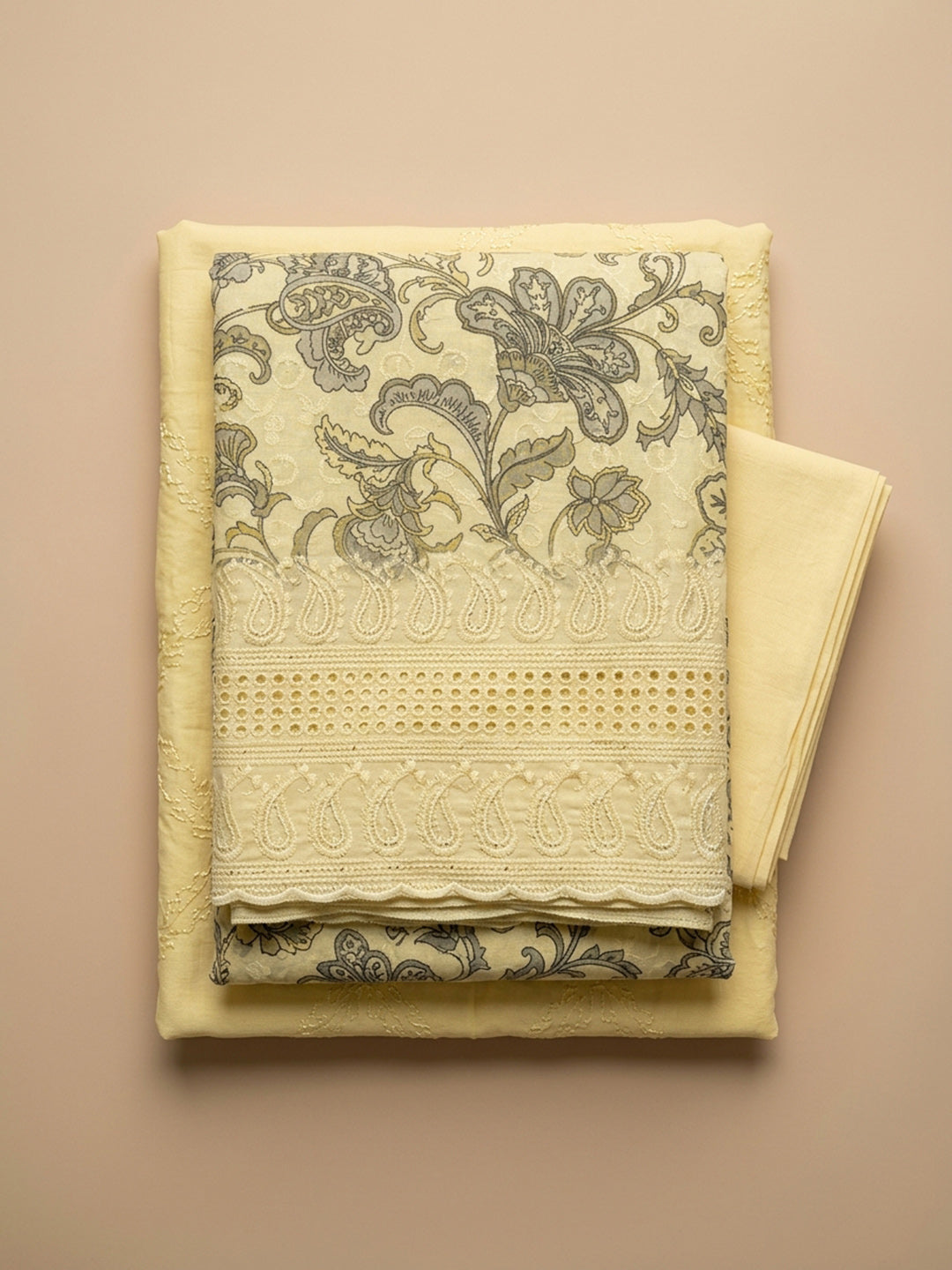 Yellow Printed Cotton Blend Unstitched Dress Material