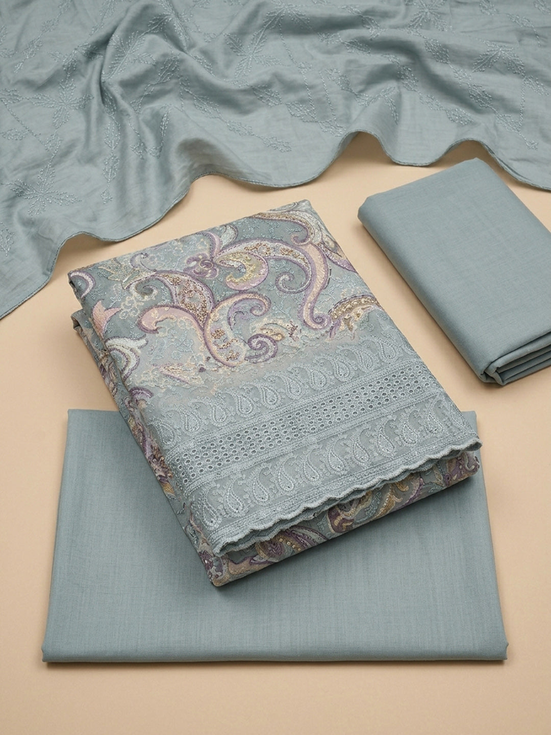 Grey Printed Cotton Blend Unstitched Dress Material