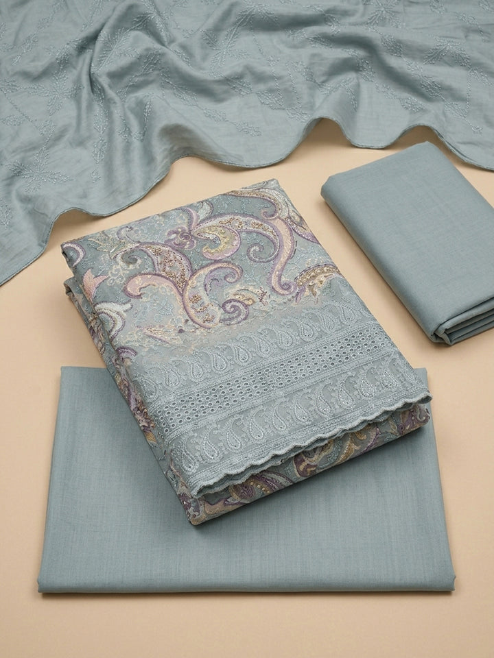 Grey Printed Cotton Blend Unstitched Dress Material