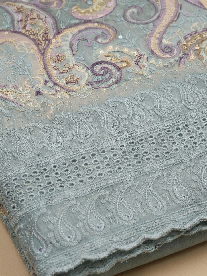 Grey Printed Cotton Blend Unstitched Dress Material