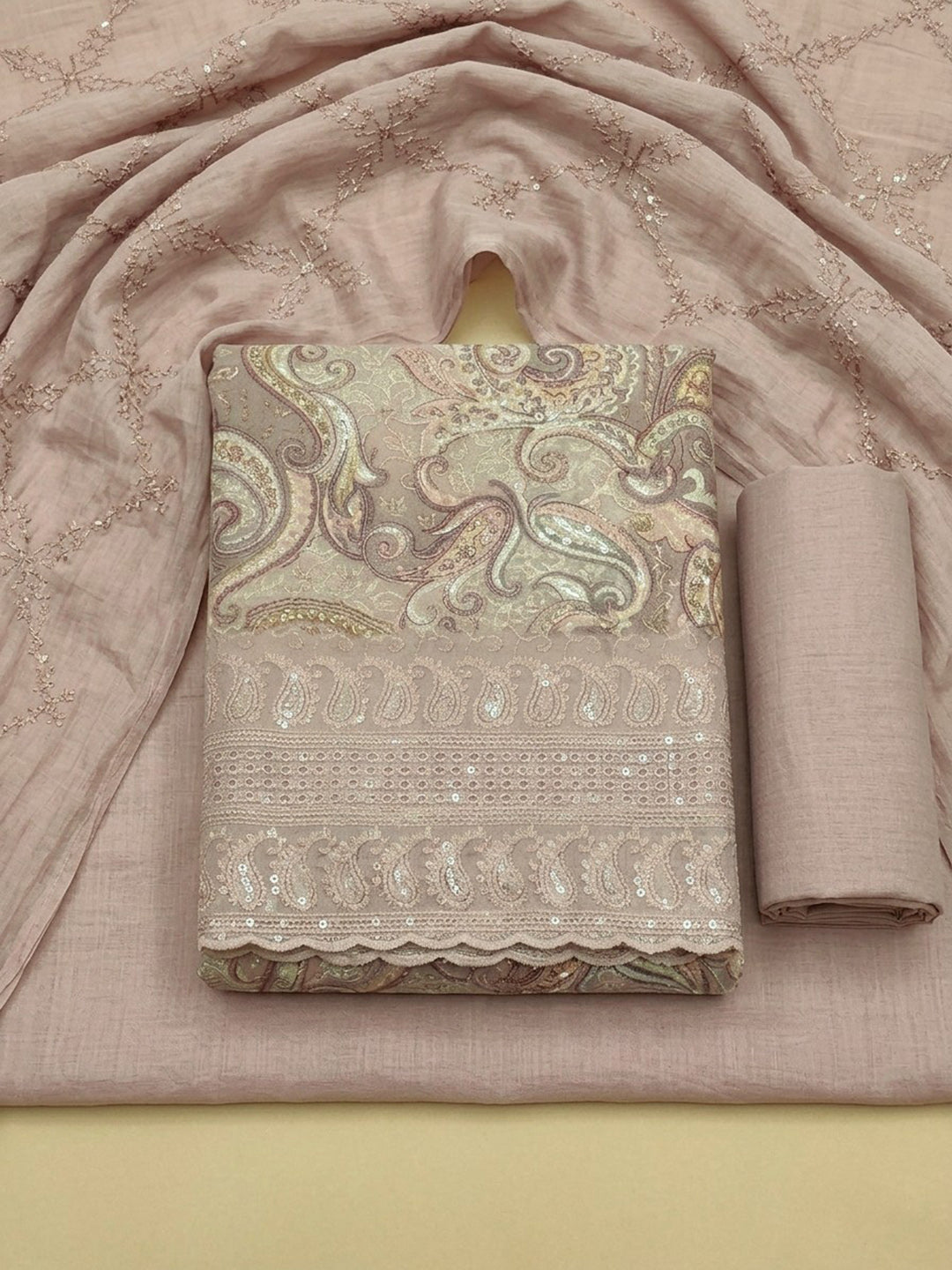 Pink Printed Cotton Blend Unstitched Dress Material