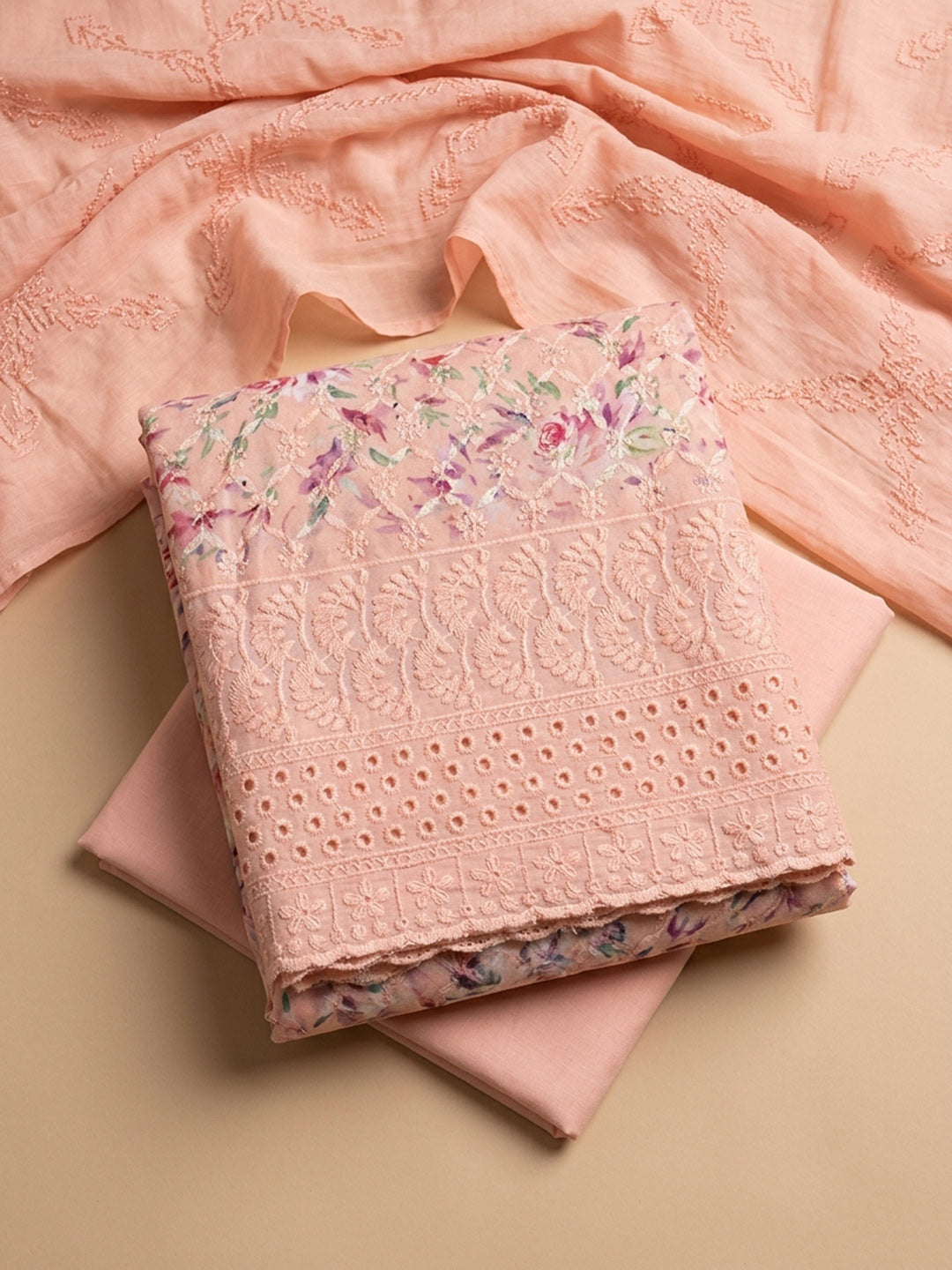Peach Printed Cotton Blend Unstitched Dress Material