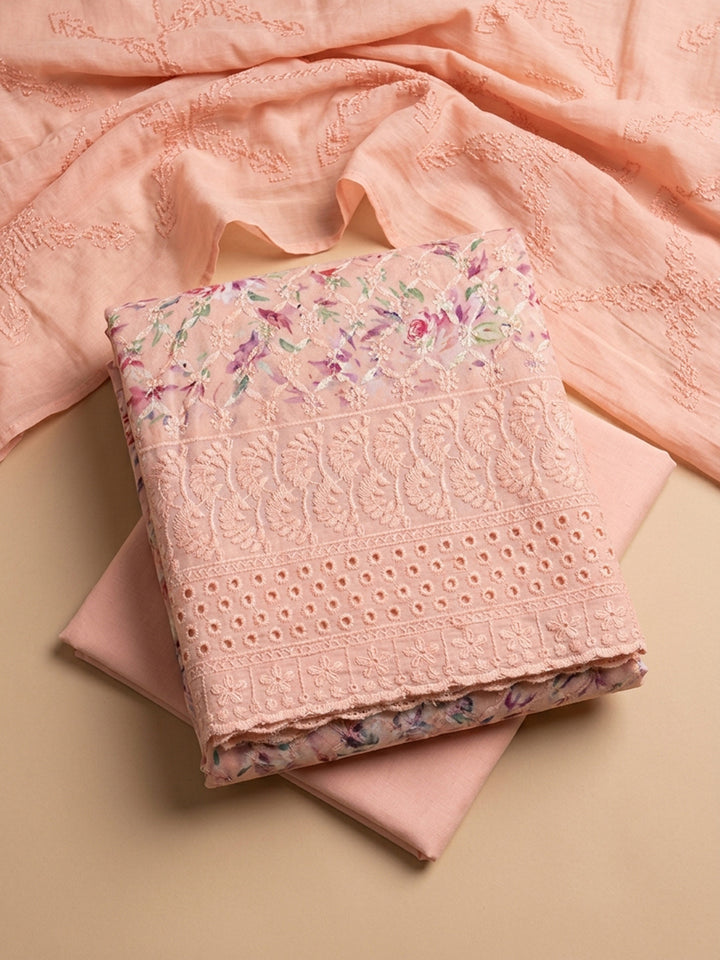 Peach Printed Cotton Blend Unstitched Dress Material