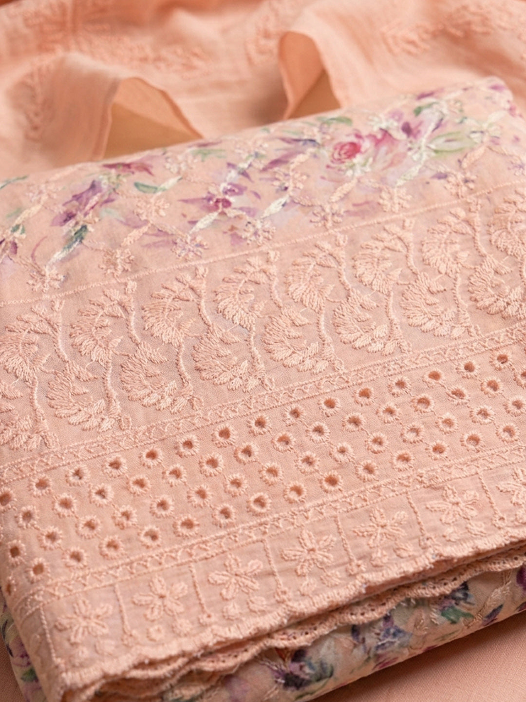 Peach Printed Cotton Blend Unstitched Dress Material
