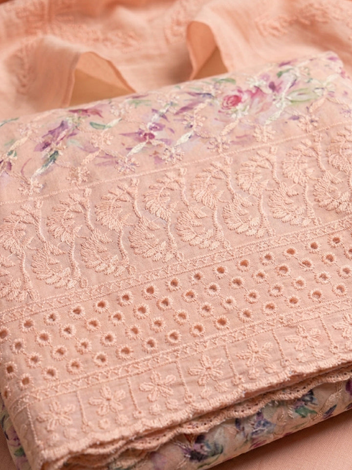 Peach Printed Cotton Blend Unstitched Dress Material