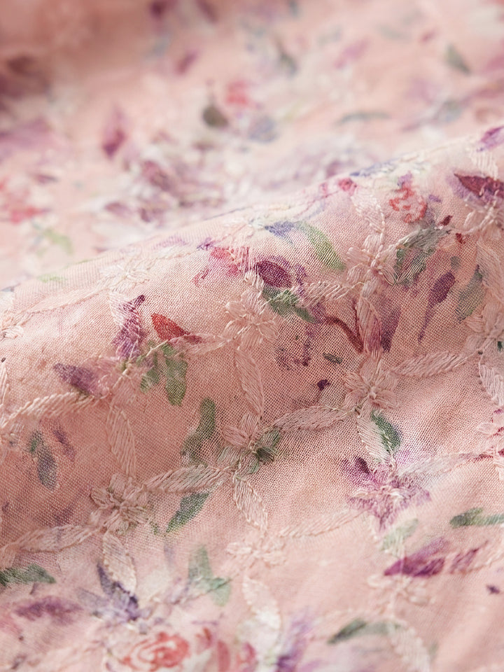Peach Printed Cotton Blend Unstitched Dress Material