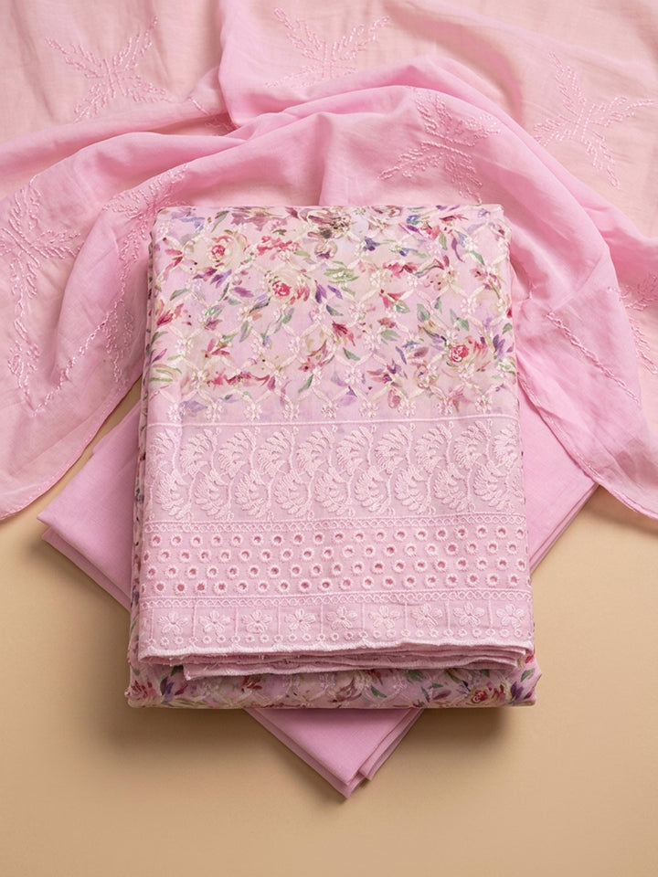 Pink Printed Cotton Blend Unstitched Dress Material