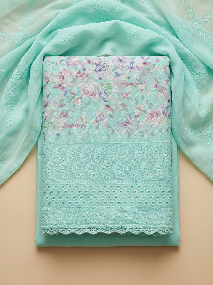 Sea Green Printed Cotton Blend Unstitched Dress Material