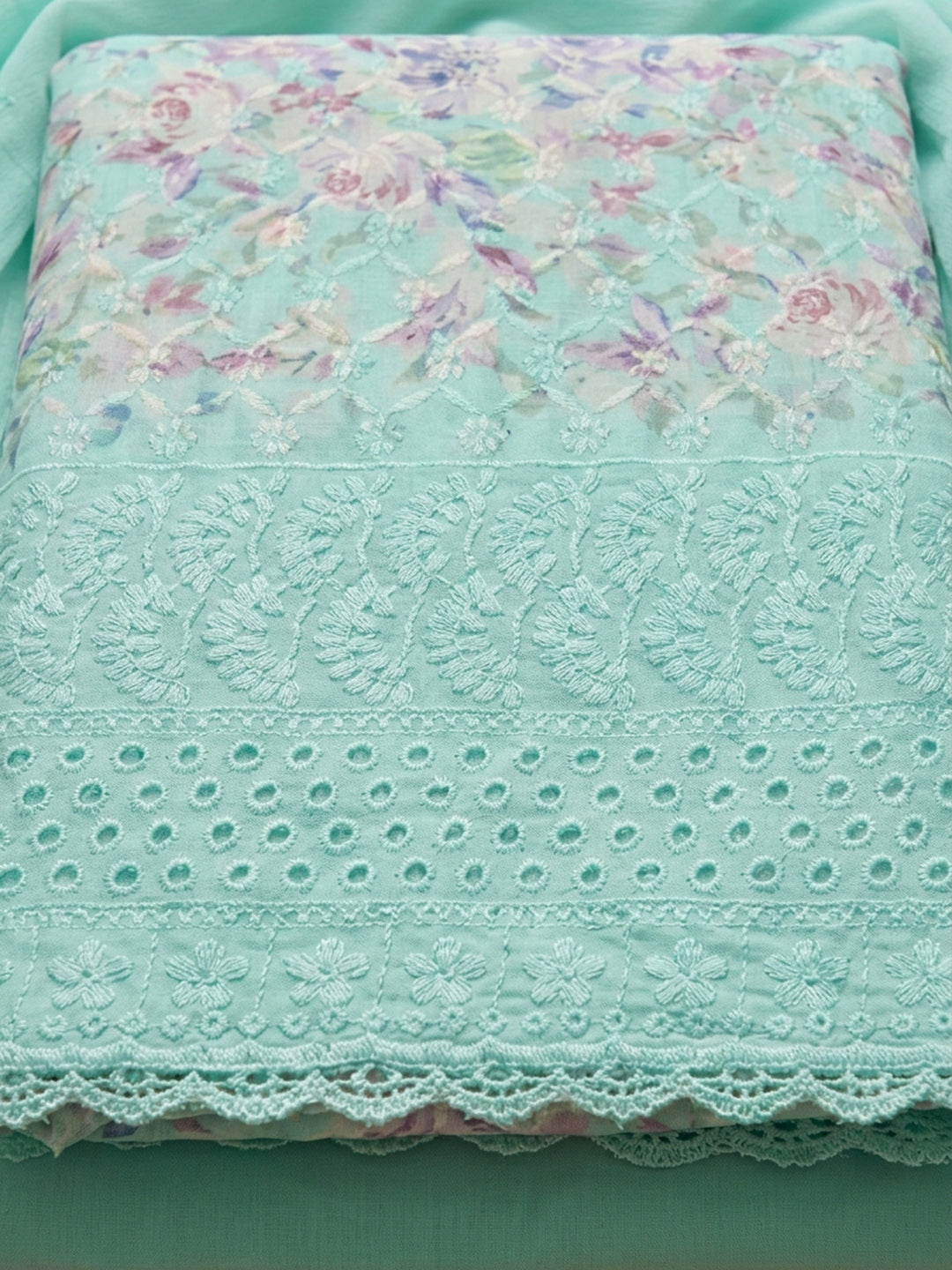 Sea Green Printed Cotton Blend Unstitched Dress Material