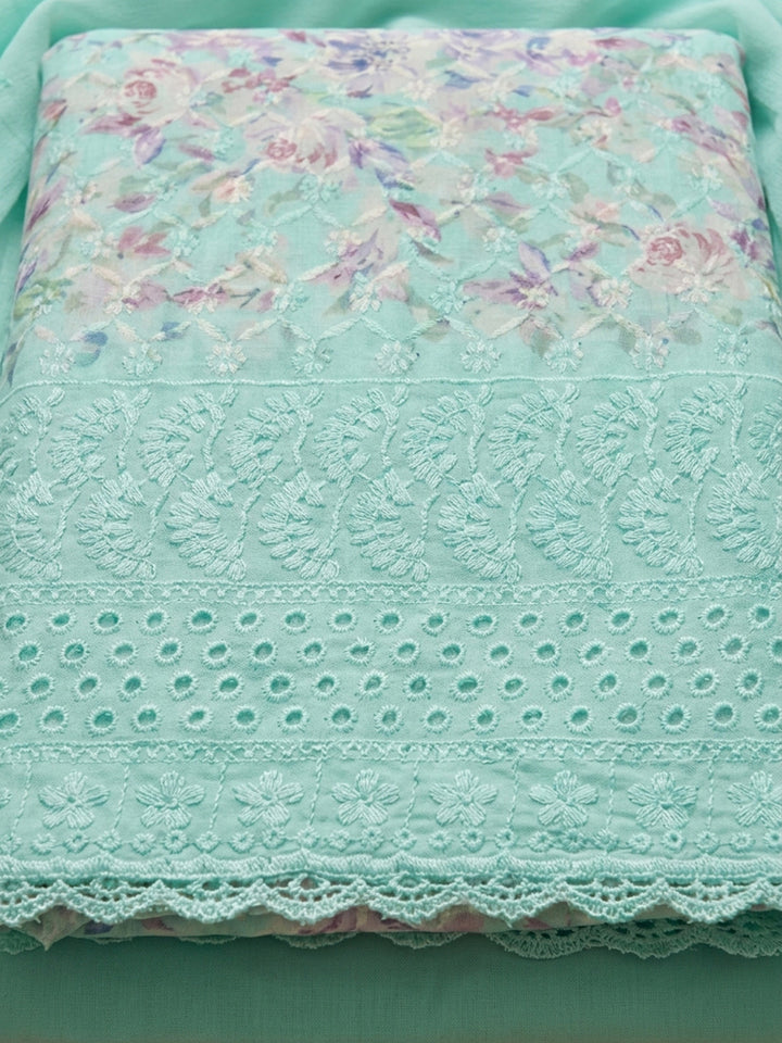 Sea Green Printed Cotton Blend Unstitched Dress Material