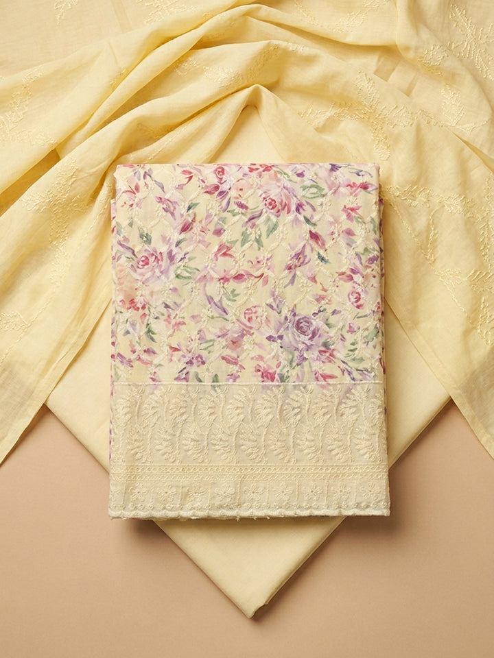 Yellow Printed Cotton Blend Unstitched Dress Material