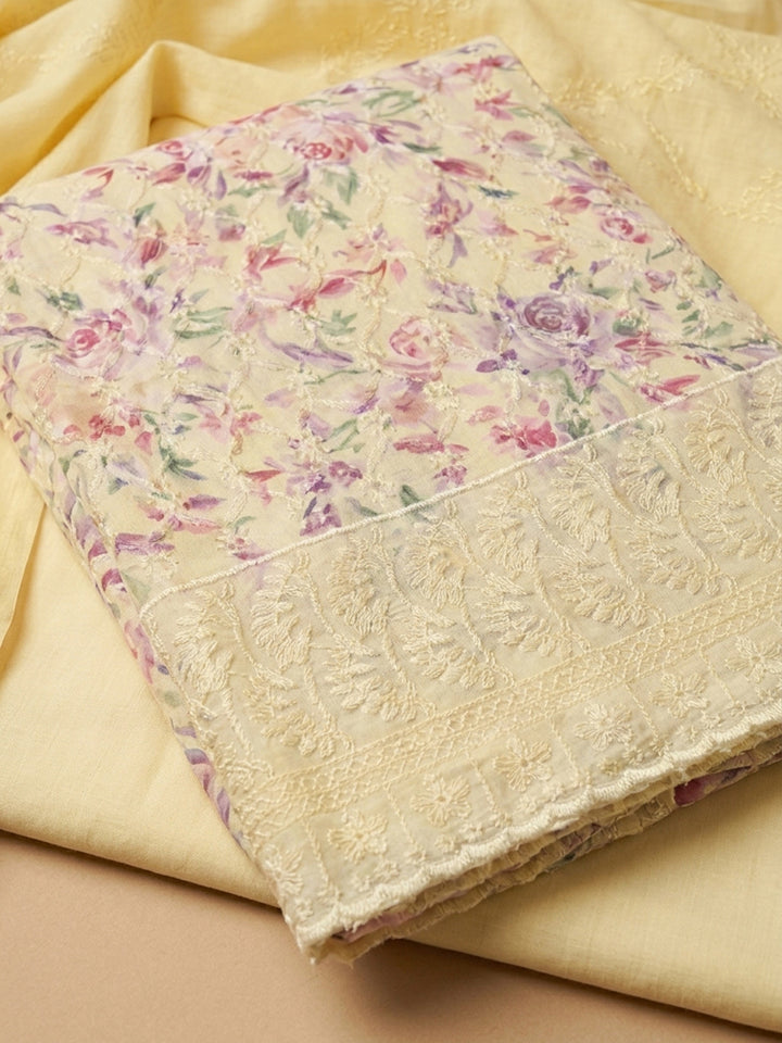 Yellow Printed Cotton Blend Unstitched Dress Material