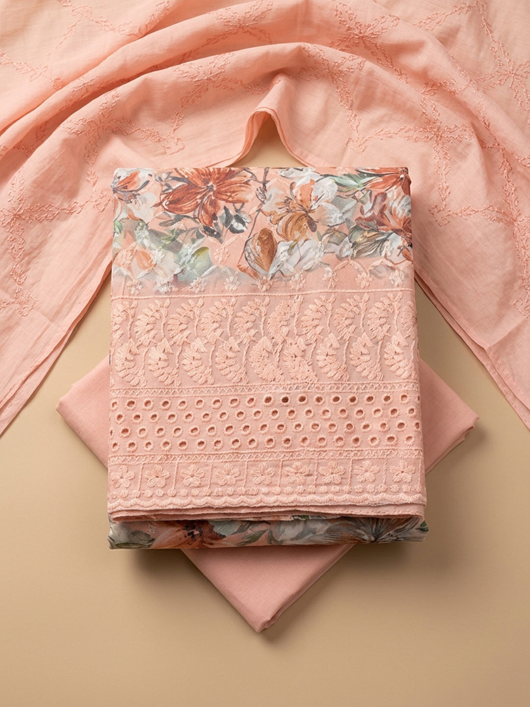Peach Printed Cotton Blend Unstitched Dress Material