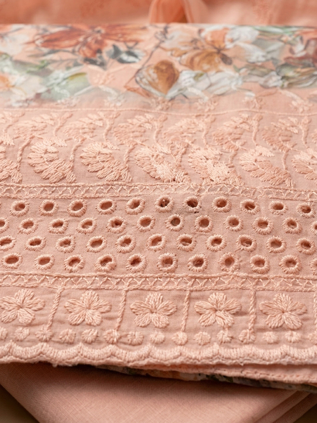 Peach Printed Cotton Blend Unstitched Dress Material
