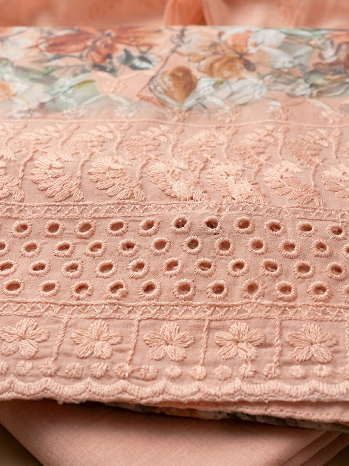Peach Printed Cotton Blend Unstitched Dress Material