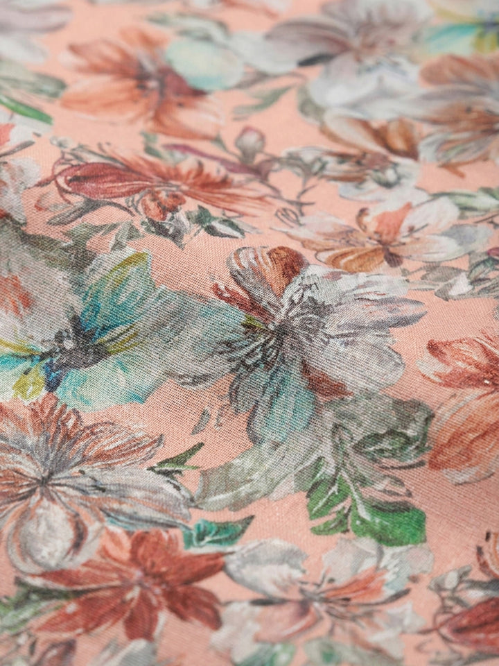 Peach Printed Cotton Blend Unstitched Dress Material