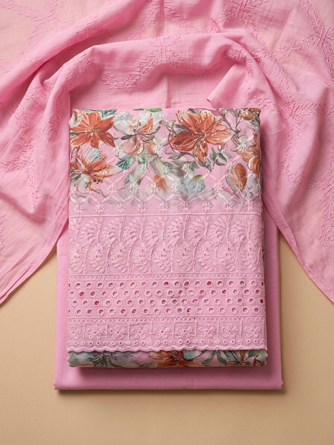Pink Printed Cotton Blend Unstitched Dress Material