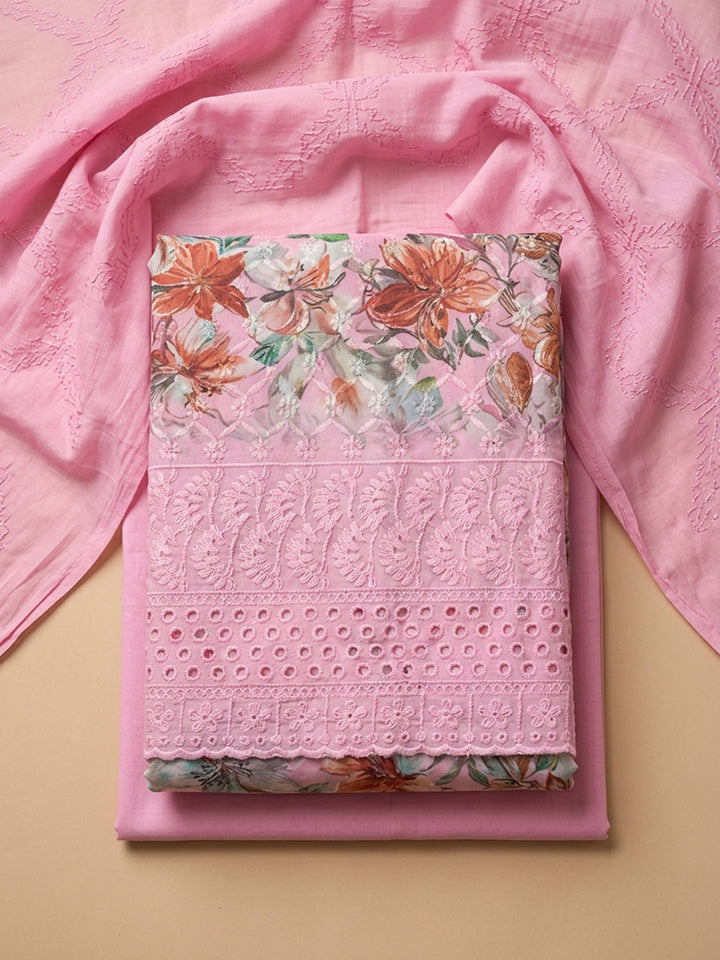 Pink Printed Cotton Blend Unstitched Dress Material
