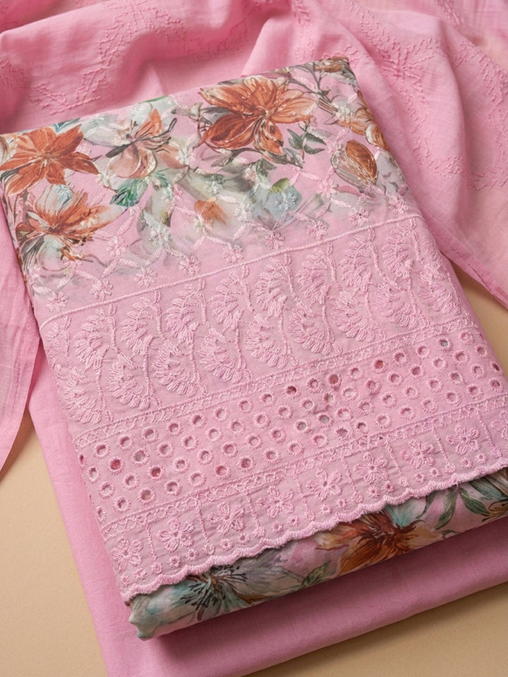 Pink Printed Cotton Blend Unstitched Dress Material