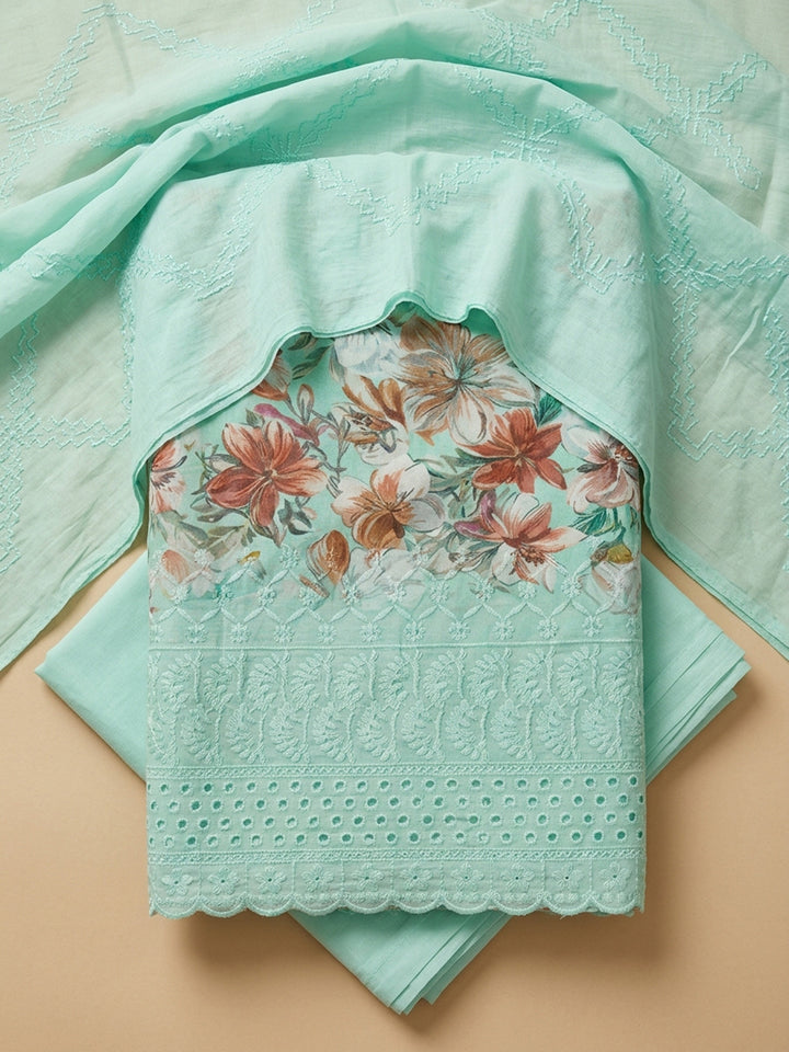 Sea Green Printed Cotton Blend Unstitched Dress Material