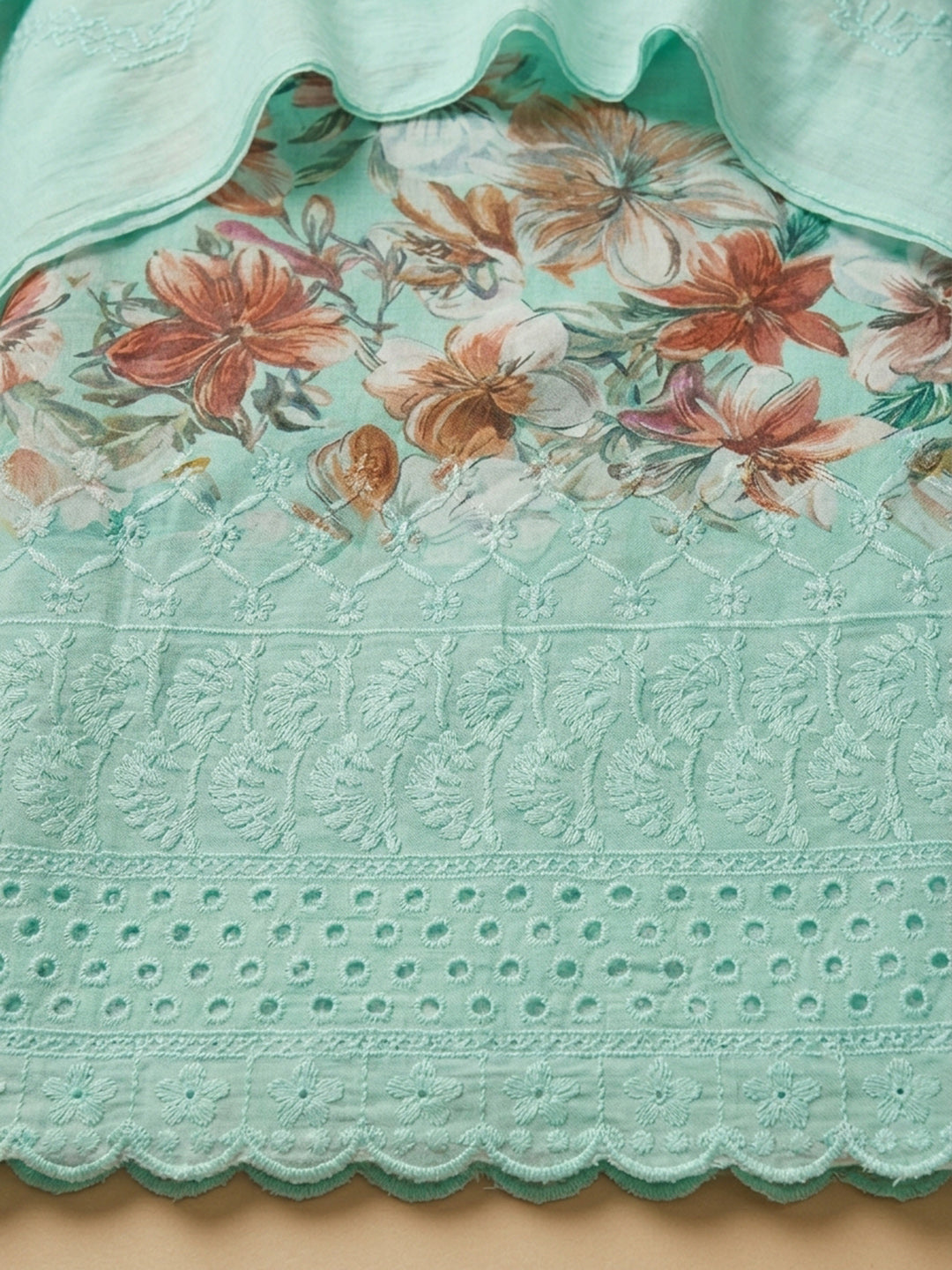 Sea Green Printed Cotton Blend Unstitched Dress Material