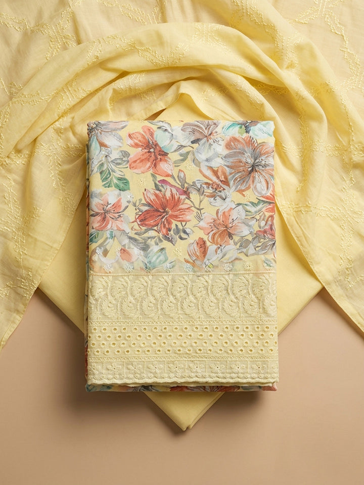 Yellow Printed Cotton Blend Unstitched Dress Material