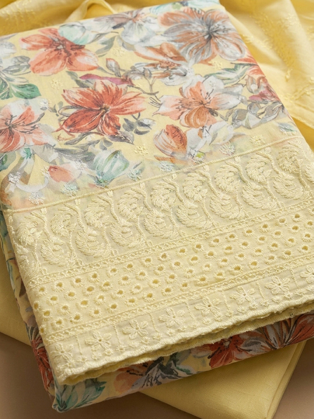 Yellow Printed Cotton Blend Unstitched Dress Material